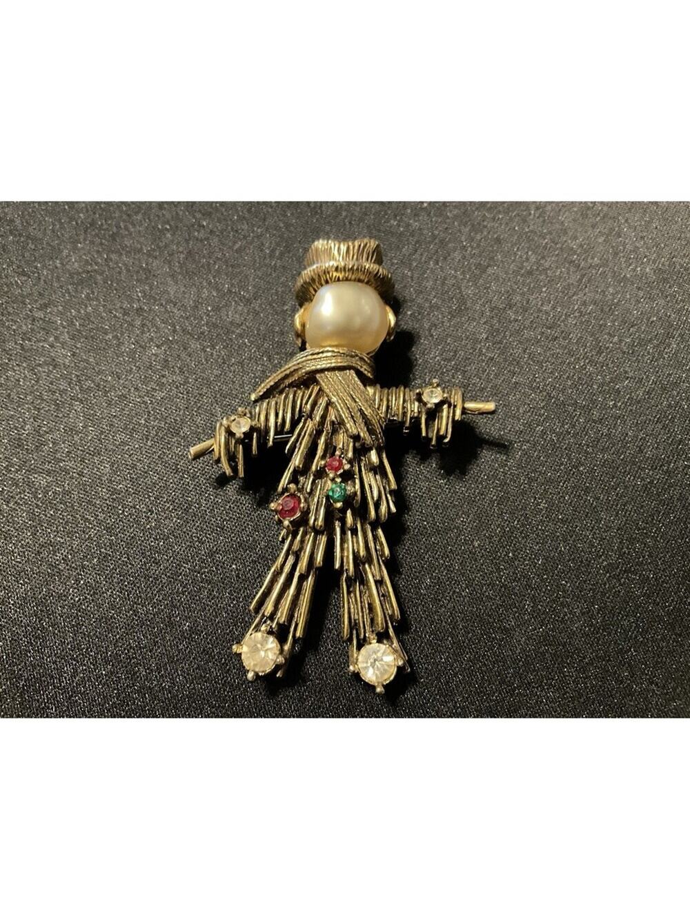 Jeanna Signed Scarecrow Gold Tone w/ White, Red & Green Rhinestones Brooch